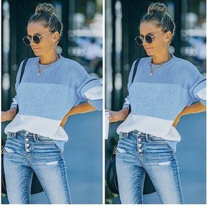 Blue Color Block Striped Oversized Sweater